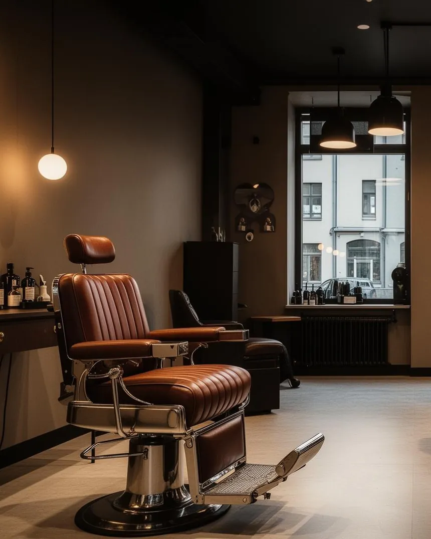 Barbershop med läderstolar och belysta speglar