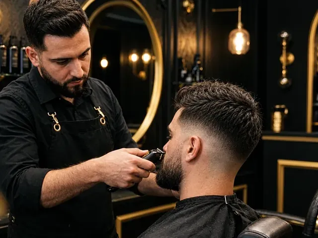Barberare trimmar skägget på en kund med skin fade